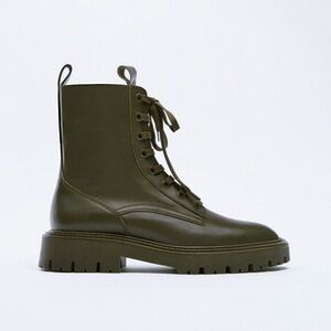 Zara NWT leather lace up flat ankle boots